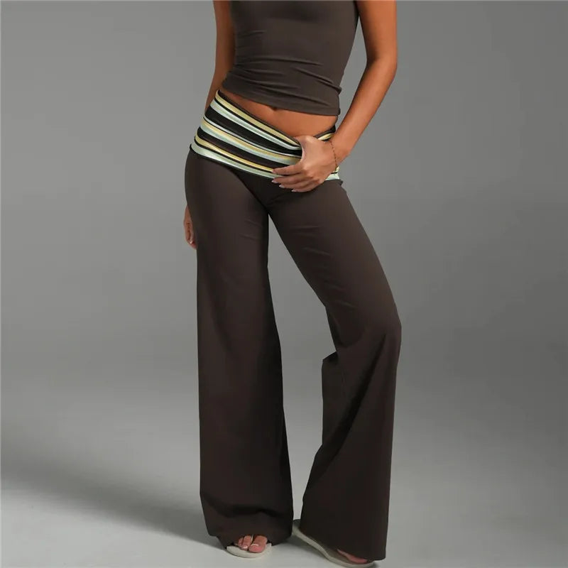 Women Y2K Striped Fold Over Waistband Flare Pants Low Waist Wide Leg Trousers Casual Daily Stretchy Streetwear Bottoms