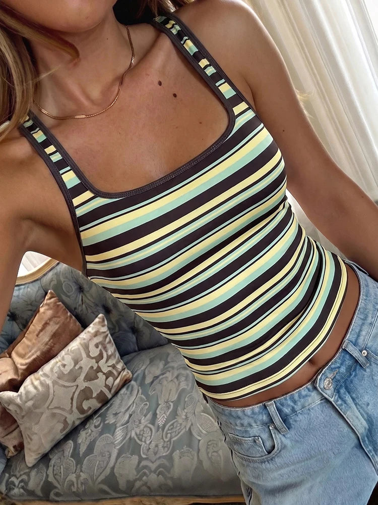 Kliou Stripe Patchwork Tank Tops Woman Summer Trend Square Collar Backless Skinny Stretch Daily Street Casual Fashion Crop Tops
