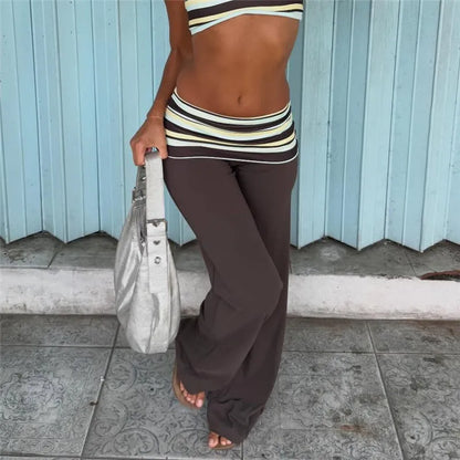 Women Y2K Striped Fold Over Waistband Flare Pants Low Waist Wide Leg Trousers Casual Daily Stretchy Streetwear Bottoms