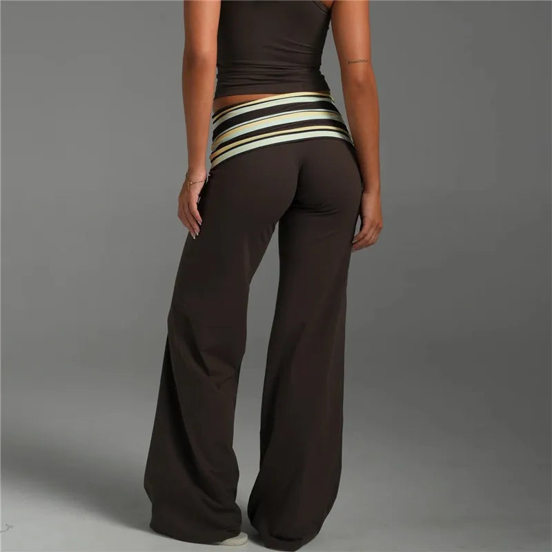 Women Y2K Striped Fold Over Waistband Flare Pants Low Waist Wide Leg Trousers Casual Daily Stretchy Streetwear Bottoms