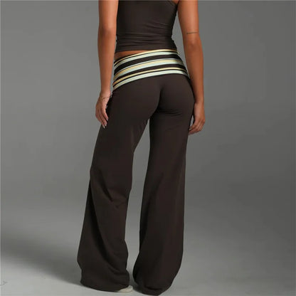 Women Y2K Striped Fold Over Waistband Flare Pants Low Waist Wide Leg Trousers Casual Daily Stretchy Streetwear Bottoms