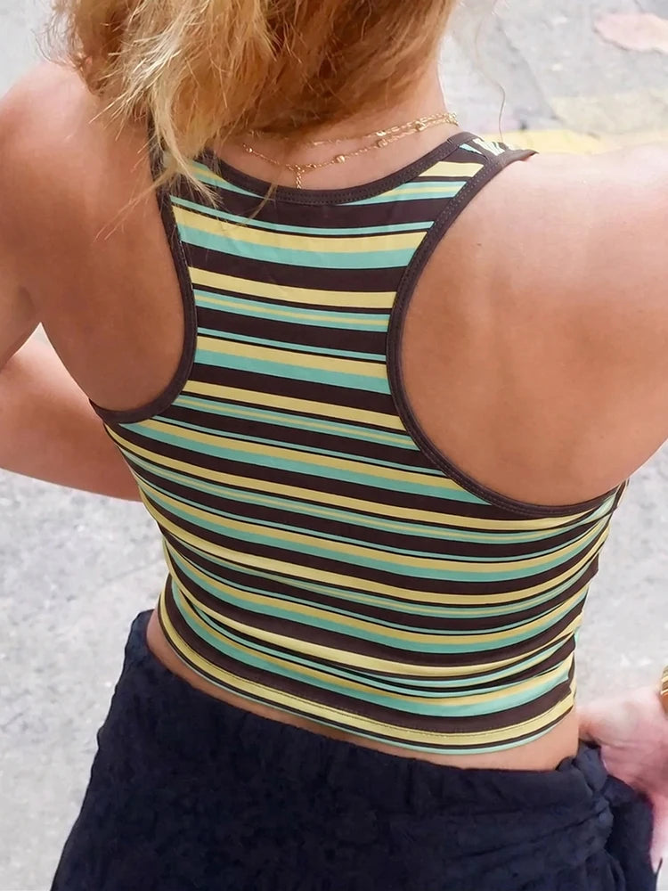 Kliou Stripe Patchwork Tank Tops Woman Summer Trend Square Collar Backless Skinny Stretch Daily Street Casual Fashion Crop Tops