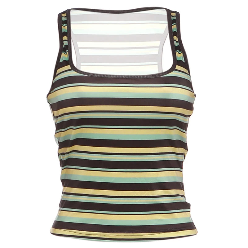 Kliou Stripe Patchwork Tank Tops Woman Summer Trend Square Collar Backless Skinny Stretch Daily Street Casual Fashion Crop Tops