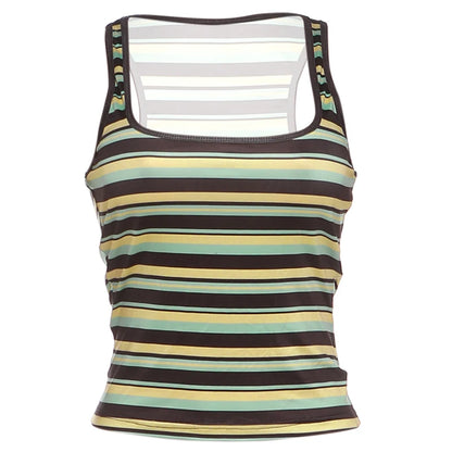 Kliou Stripe Patchwork Tank Tops Woman Summer Trend Square Collar Backless Skinny Stretch Daily Street Casual Fashion Crop Tops