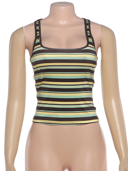 Kliou Stripe Patchwork Tank Tops Woman Summer Trend Square Collar Backless Skinny Stretch Daily Street Casual Fashion Crop Tops