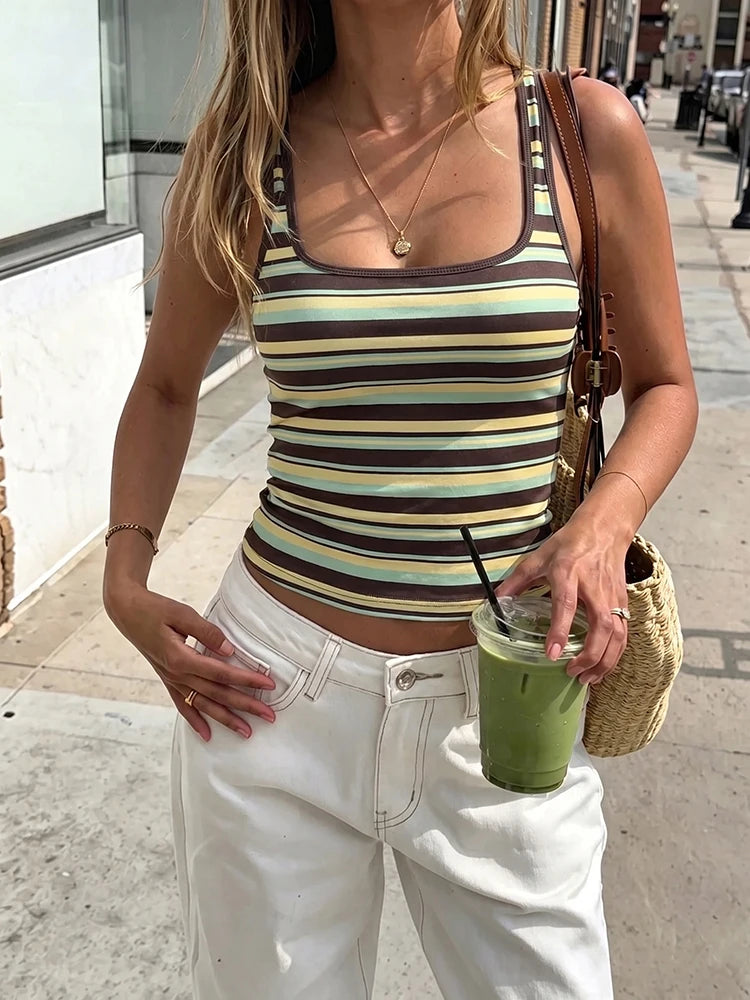 Kliou Stripe Patchwork Tank Tops Woman Summer Trend Square Collar Backless Skinny Stretch Daily Street Casual Fashion Crop Tops